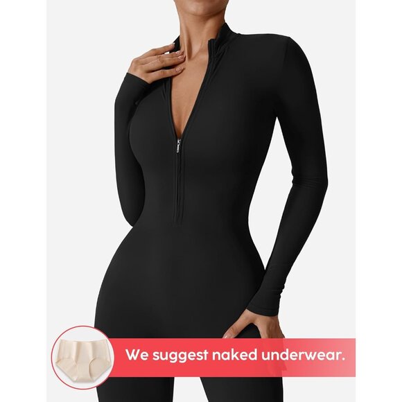 Women Long Sleeve Workout Jumpsuit Zip Up Romper Bottom Pants Bodysuit Bodycon S - Picture 2 of 6